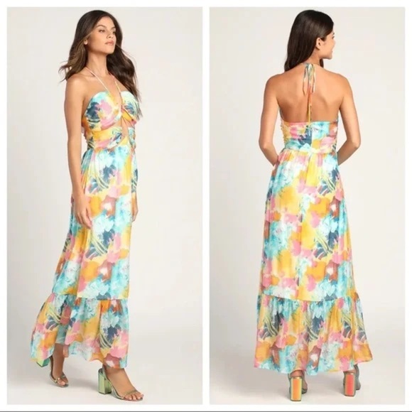 LULUS Stunning One Multi Abstract Print Drawstring
Halter Maxi Dress size M Sun - Picture 2 of 10